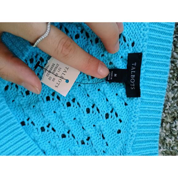 Talbots Open Stitch V-Neck Pullover 100% cotton deep sea blue coastal Mermaid - Picture 12 of 15